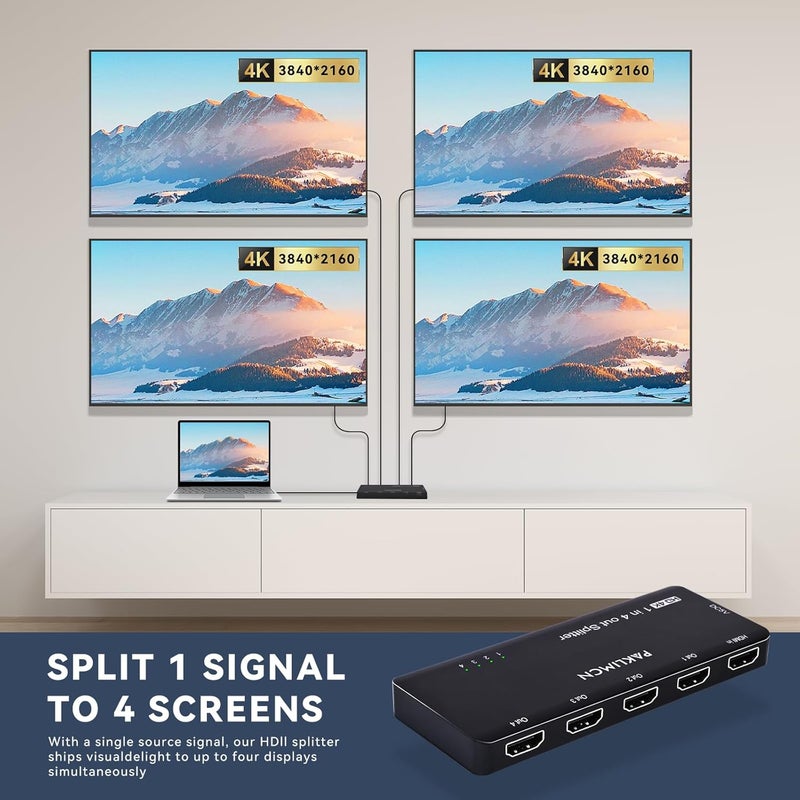 PAKLIMCN 4K 60Hz HDMI Splitter 1x4, 1 in 4 Out HDMI Duplicator/Switcher, 4Kx2K 30Hz 4:4:4 & 60Hz 4:2:0, HDR Compatible for Fire Stick, PS5, Xbox Series X, PC, Home Theater, Not A Switch(4K 1in4 Out) - Image 3